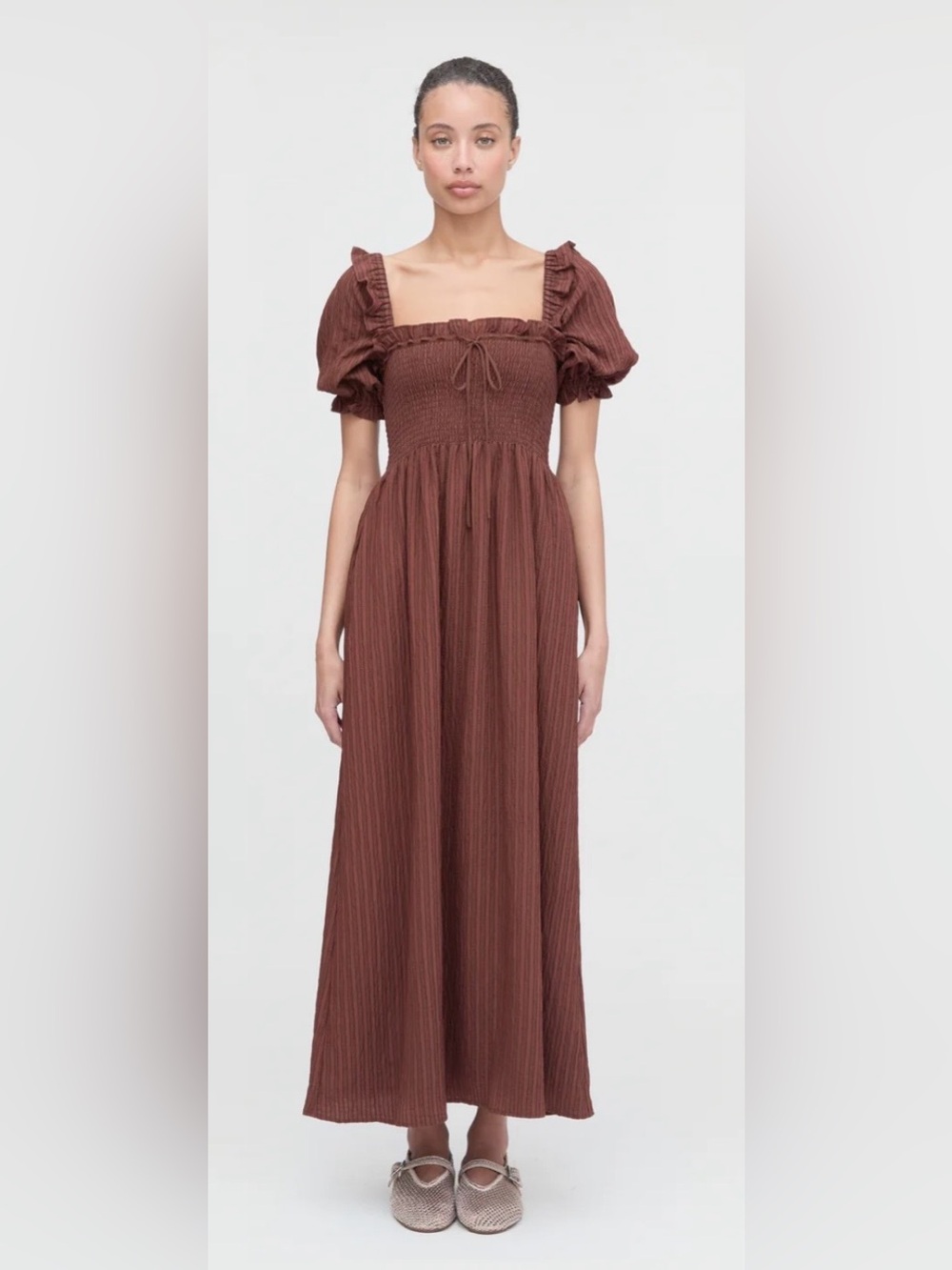 Hill House Scarlett Nap Dress Chocolate Brown Seersucker Midi